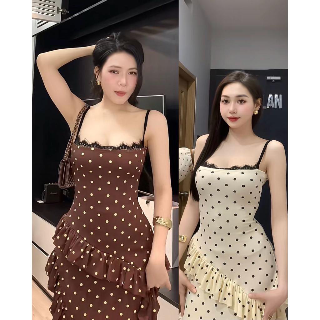 VÁY MAXI 2 DÂY CHẤM BI PHỐI REN TUA BÈO ĐI BIỂN HOT HIT KIỂU PHÁP by PINKS.tore