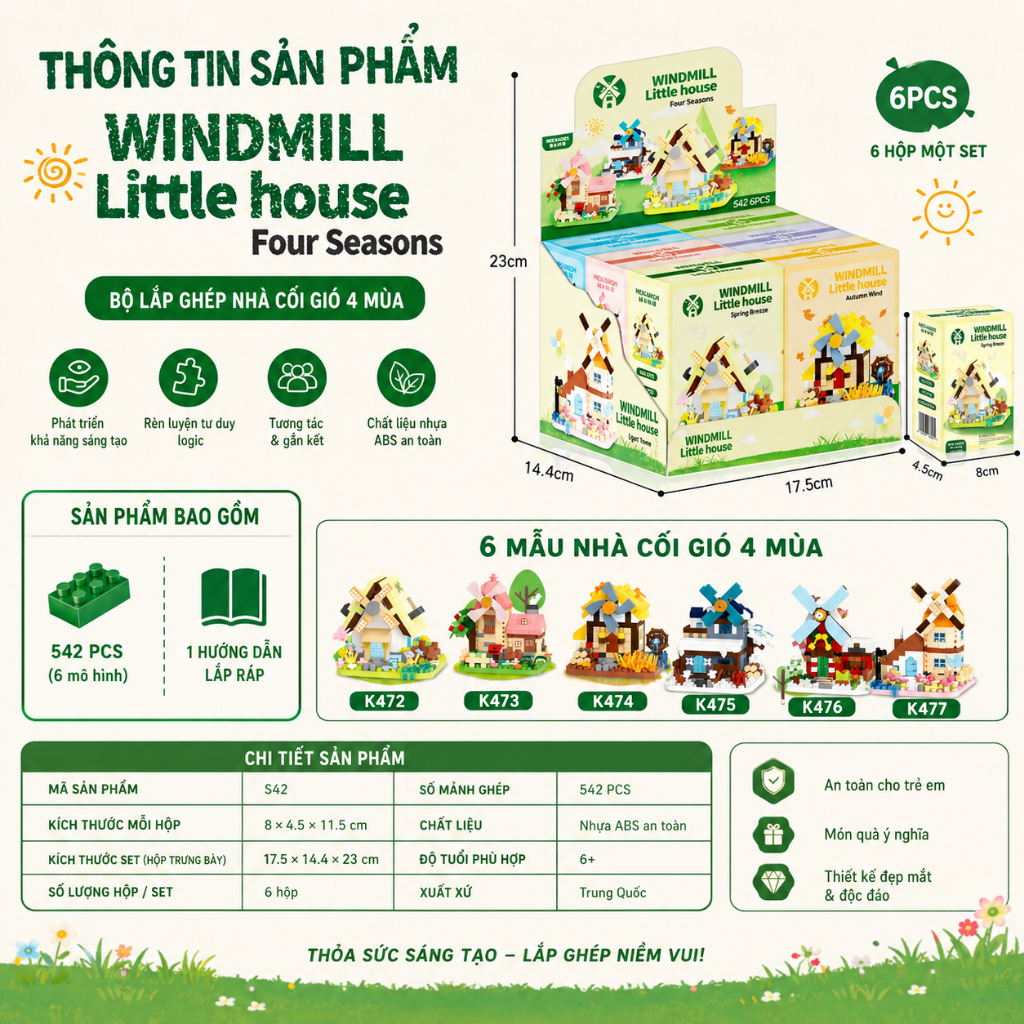 Bộ Lắp Ghép Nhà Cối Xay Gió 4 Mùa Mini, Đồ Chơi Xếp Hình Sáng Tạo, Mô Hình Trang Trí Để Bàn