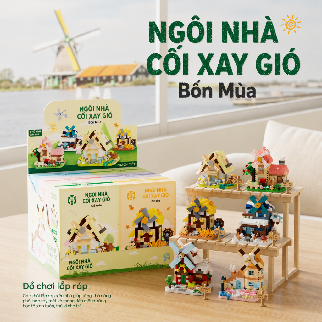 Bộ Lắp Ghép Nhà Cối Xay Gió 4 Mùa Mini, Đồ Chơi Xếp Hình Sáng Tạo, Mô Hình Trang Trí Để Bàn