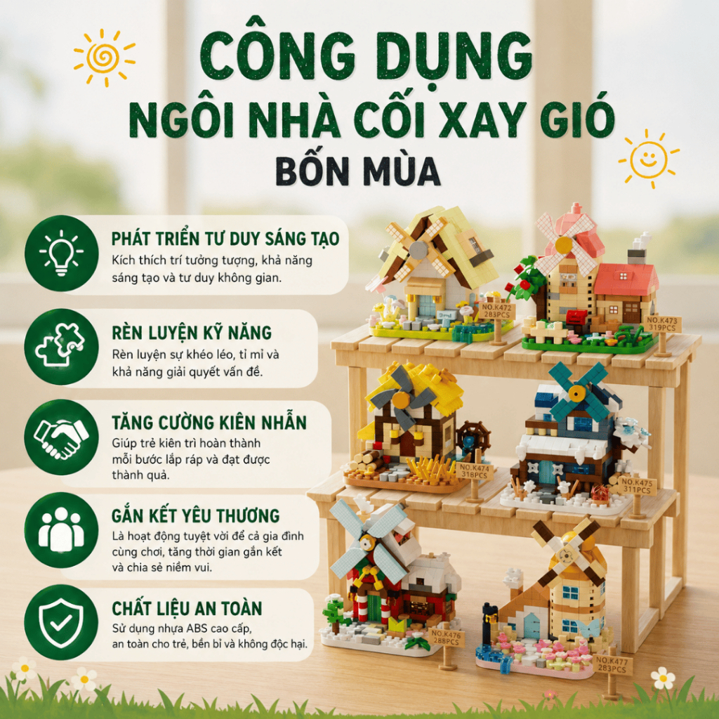 Bộ Lắp Ghép Nhà Cối Xay Gió 4 Mùa Mini, Đồ Chơi Xếp Hình Sáng Tạo, Mô Hình Trang Trí Để Bàn