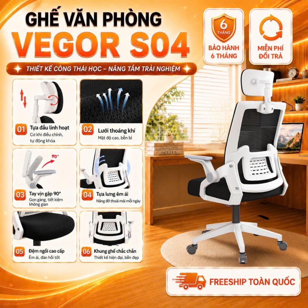Ghế Xoay văn phòng Công thái học bảo vệ cột sống Thương hiệu VEGOR LIFE OFFICIAL - CTH TS04 | BigBuy360 - bigbuy360.vn