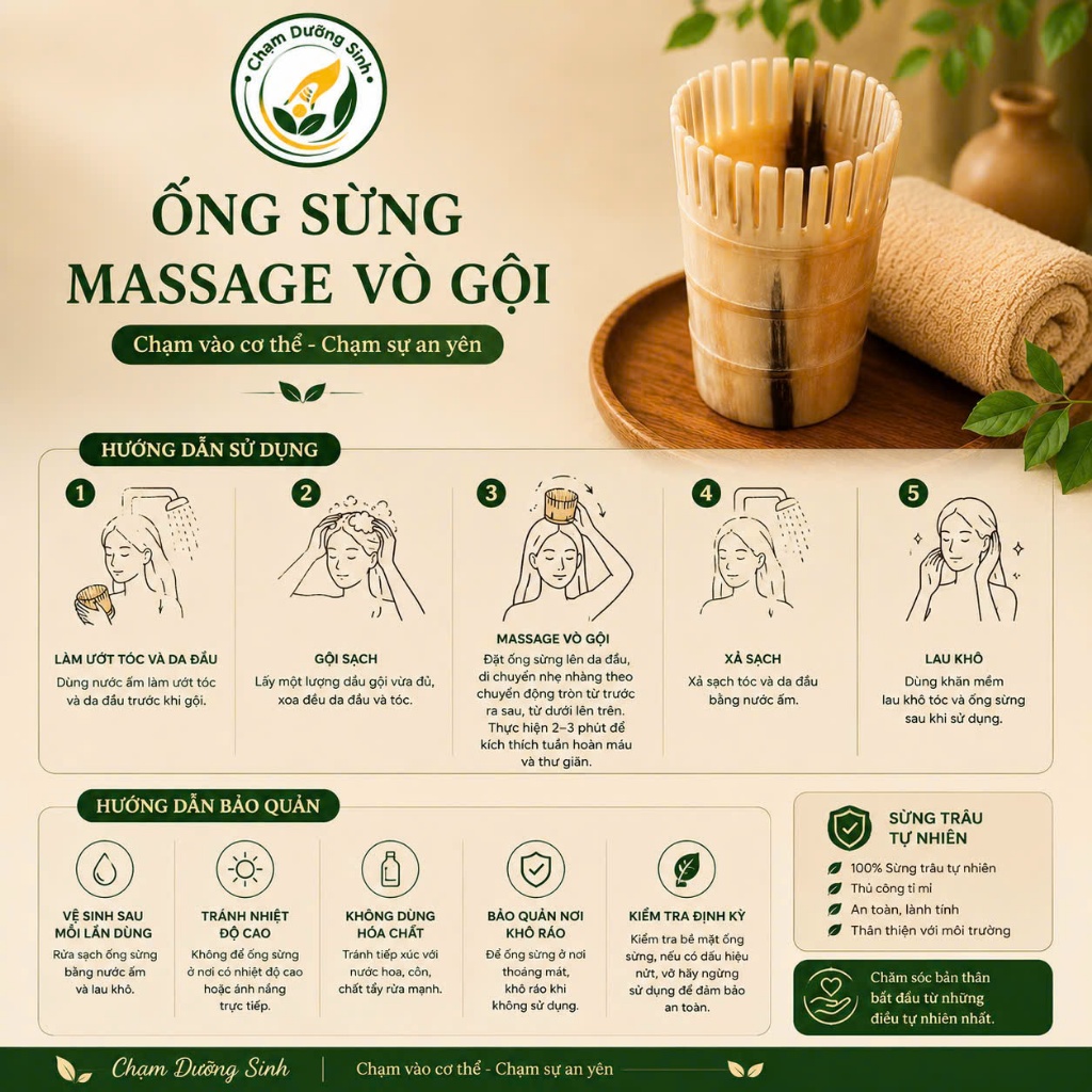 ỐNG SỪNG MASSAGE VÒ GỘI GIẢM ĐAU ĐẦU LƯU THÔNG KHÍ HUYẾT DƯỠNG SINH ĐÔNG Y