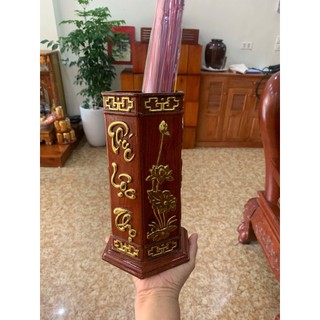 Ống lọ đựng cắm nhang hình lục giác gỗ hương đá chạm khắc chữ Phúc Lộc Thọ. Đồ gỗ phong thuỷ cao cấp