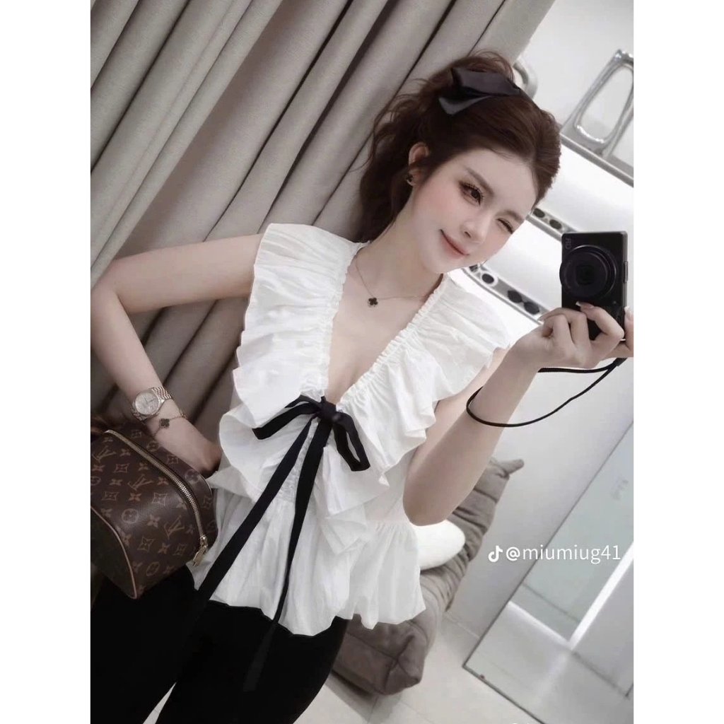 (Sẵn Hỏa Tốc) Áo Kiểu Nữ Cổ V Bèo Nhún Thắt Nơ Form Rộng Dáng Babydoll Xòe Bồng Tiểu Thư Hàn Quốc