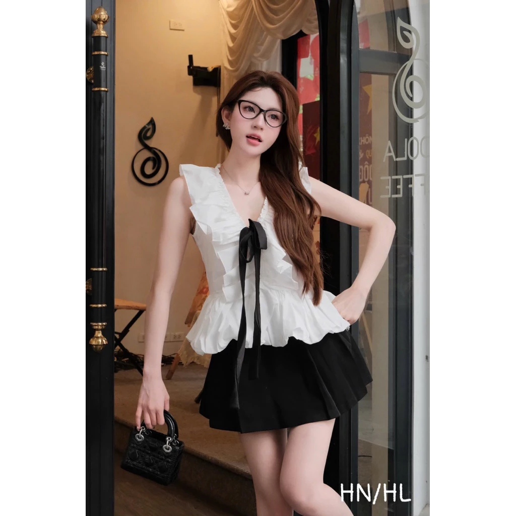 (Sẵn Hỏa Tốc) Áo Kiểu Nữ Cổ V Bèo Nhún Thắt Nơ Form Rộng Dáng Babydoll Xòe Bồng Tiểu Thư Hàn Quốc
