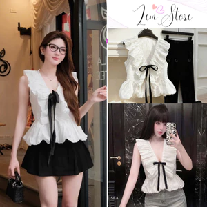 Áo Kiểu Nữ Cổ V Bèo Nhún Thắt Nơ Form Rộng Dáng Babydoll Xòe Bồng Tiểu Thư Hàn Quốc