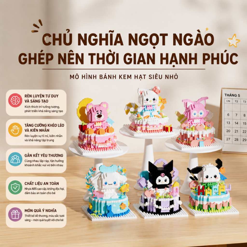 Bộ Lắp Ghép Nhân Vật Bánh Kem Mini, Mô Hình Khối Xếp Hình Trang Trí Để Bàn, Nhiều Mẫu Dễ Thương