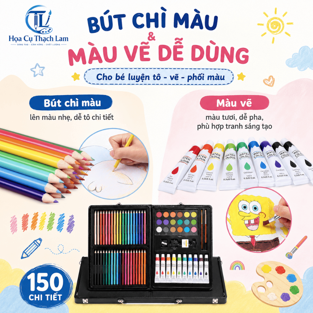 [Cào là có quà]Bộ Bút Màu Size Lớn 150/ 208 Món Kèm Bảng Vẽ Cho Bé Thỏa Sức Sáng Tạo