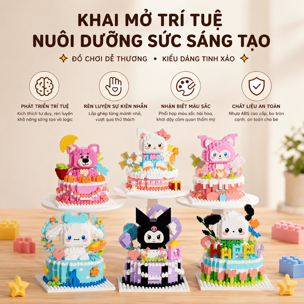 Bộ Lắp Ghép Nhân Vật Bánh Kem Mini, Mô Hình Khối Xếp Hình Trang Trí Để Bàn, Nhiều Mẫu Dễ Thương