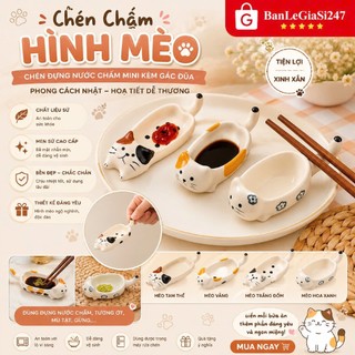Khay Đựng Nước Chấm Hình Mèo Kèm GÁc Đũa Bằng Sứ Phong Cách Nhật Bản - Chén Đựng Nước Chấm Mini HÌnh Mèo Dễ Thương