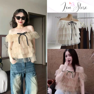 Áo nữ trễ vai ren mềm nhiều tầng đính kèm nơ dáng tiểu thư công chúa, ren bèo không ngứa