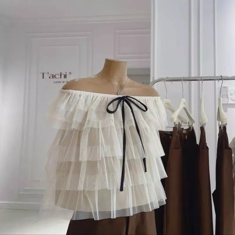 (Sẵn Hỏa Tốc) Áo nữ trễ vai ren mềm nhiều tầng đính kèm nơ dáng tiểu thư công chúa, ren bèo không ngứa