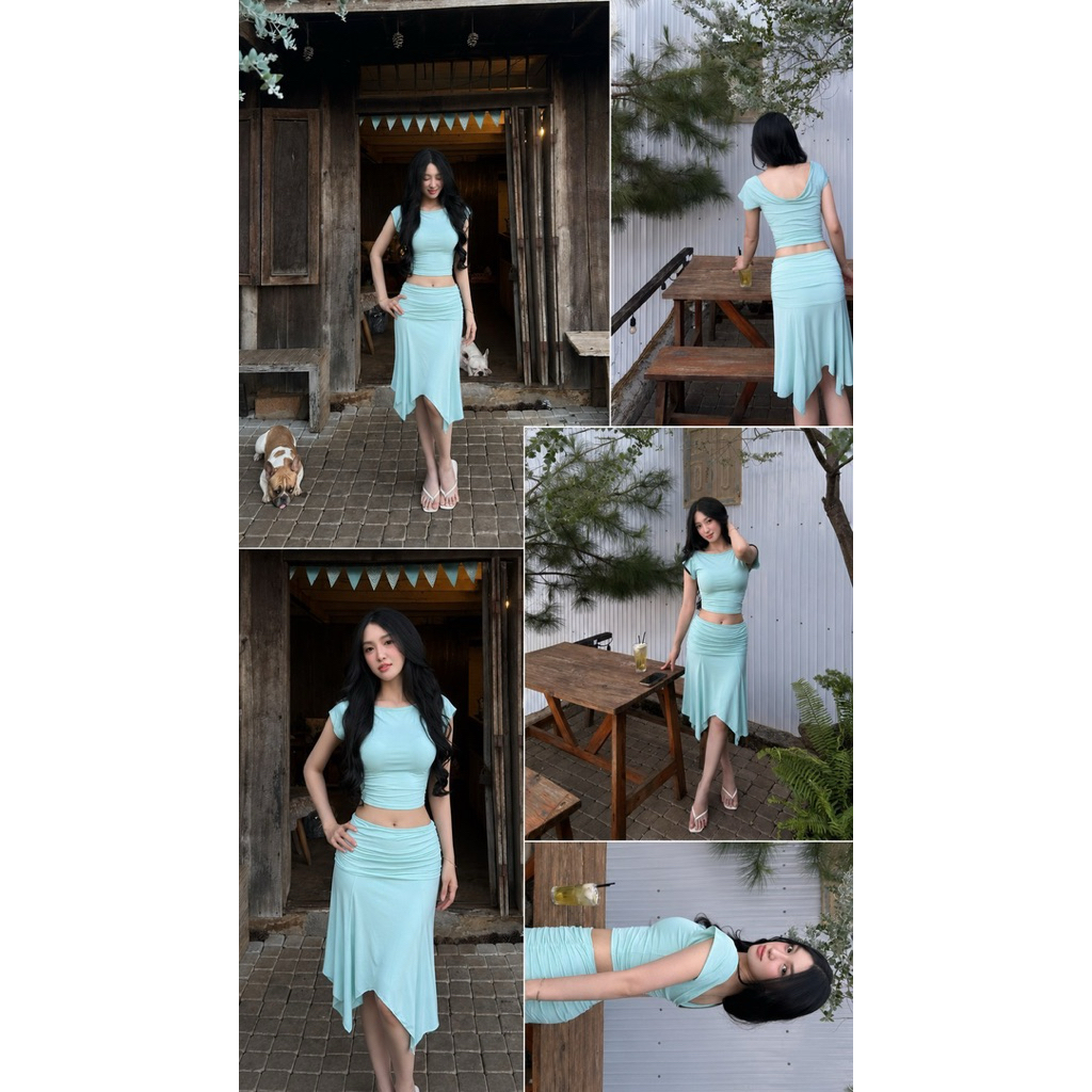 (Có Bigsize)Set thun chân váy lửng + áo cổ thuyển trẻ trung