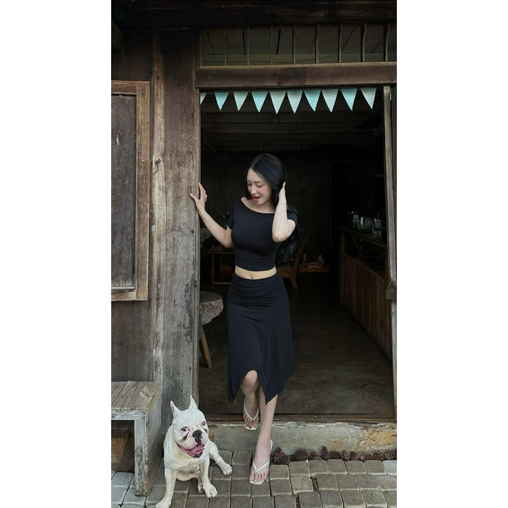 (Có Bigsize)Set thun chân váy lửng + áo cổ thuyển trẻ trung