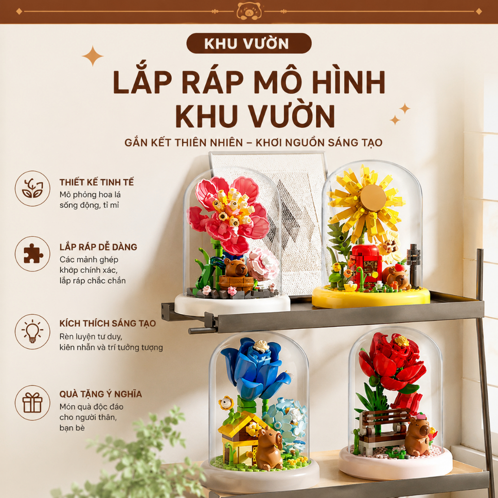 Bộ Lắp Ghép Hoa Capybara Trong Lồng Kính Mini, Mô Hình Hoa Trang Trí Để Bàn, Quà Tặng Dễ Thương