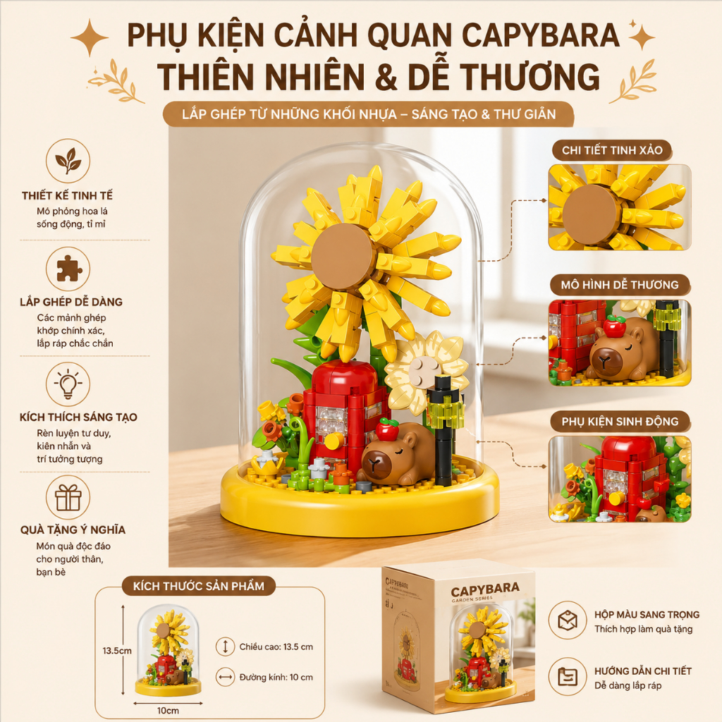 Bộ Lắp Ghép Hoa Capybara Trong Lồng Kính Mini, Mô Hình Hoa Trang Trí Để Bàn, Quà Tặng Dễ Thương