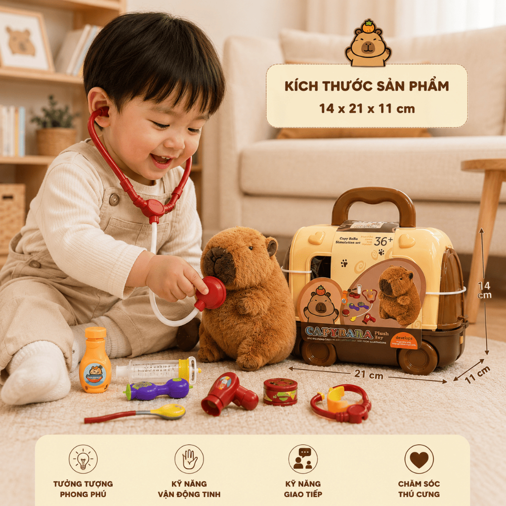 Bộ Đồ Chơi Bác Sĩ Thú Cưng Capybara Vali Kéo Kèm Gấu Bông Đồ Chơi Nhập Vai Cho Bé