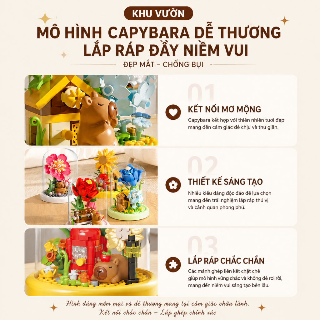 Bộ Lắp Ghép Hoa Capybara Trong Lồng Kính Mini, Mô Hình Hoa Trang Trí Để Bàn, Quà Tặng Dễ Thương