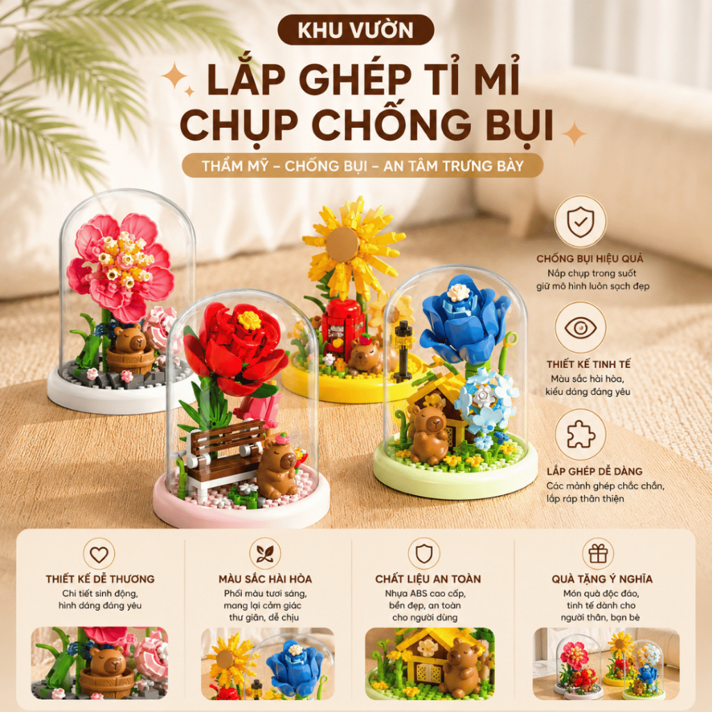 Bộ Lắp Ghép Hoa Capybara Trong Lồng Kính Mini, Mô Hình Hoa Trang Trí Để Bàn, Quà Tặng Dễ Thương