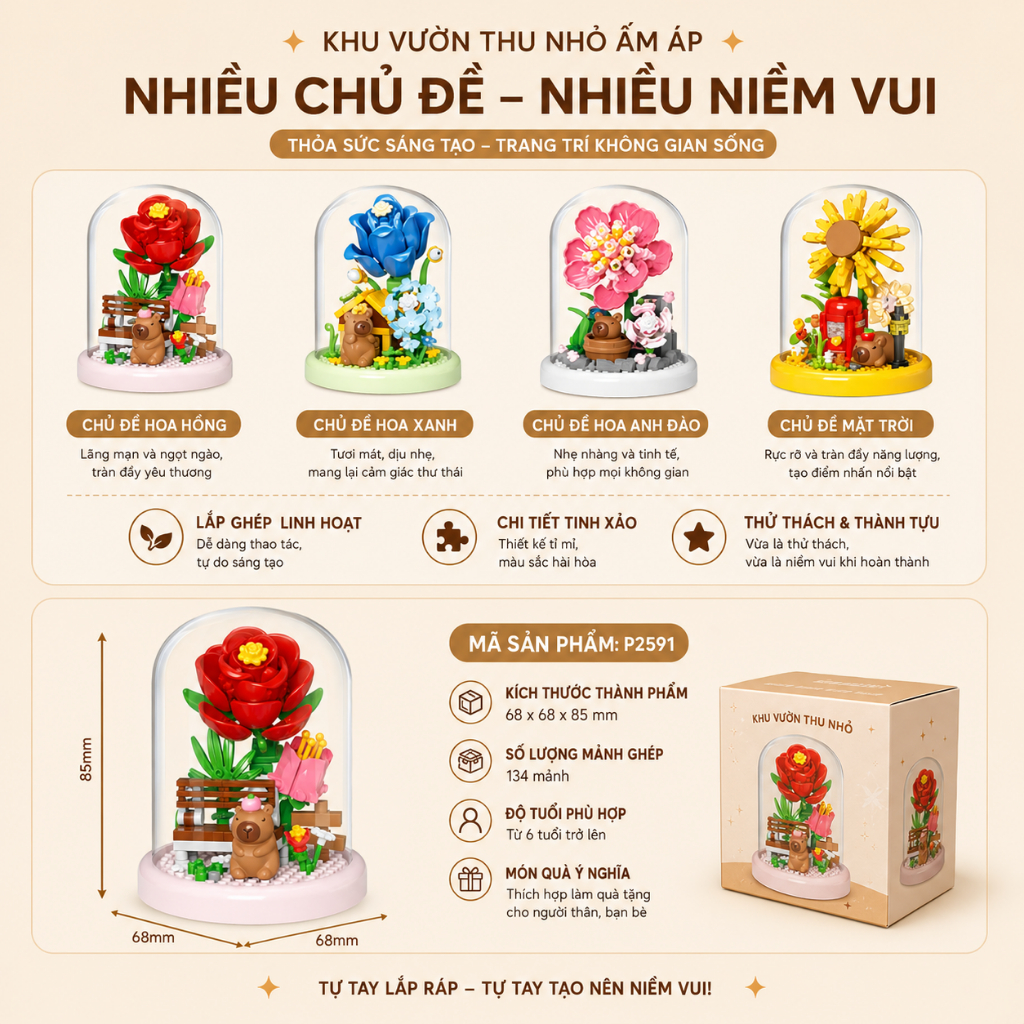 Bộ Lắp Ghép Hoa Capybara Trong Lồng Kính Mini, Mô Hình Hoa Trang Trí Để Bàn, Quà Tặng Dễ Thương