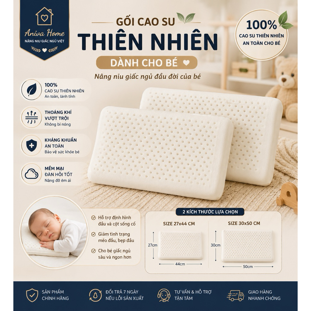 Gối Cao Su Thiên Nhiên Trẻ Em Aniva Home 27x44cm / 30x50cm – Thoáng Khí, Kháng Khuẩn, Đàn Hồi Cao