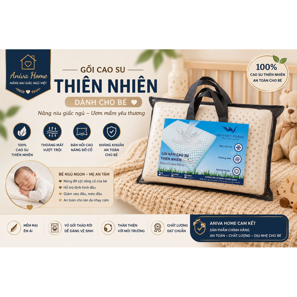Gối Cao Su Thiên Nhiên Trẻ Em Aniva Home 27x44cm / 30x50cm – Thoáng Khí, Kháng Khuẩn, Đàn Hồi Cao