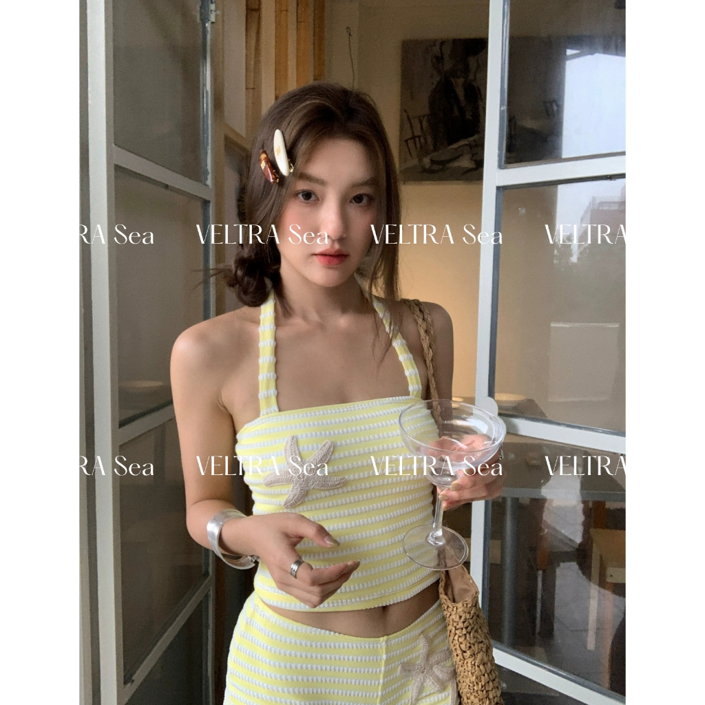 𝑽𝑬𝑳𝑻𝑹𝑨 𝑺𝒆𝒂| Bộ Bikini Hai Mảnh Gồm Áo Cổ Yếm Và Quần Đùi Màu Vàng Kẻ Sọc Hoạ Tiết Sao Biển #366
