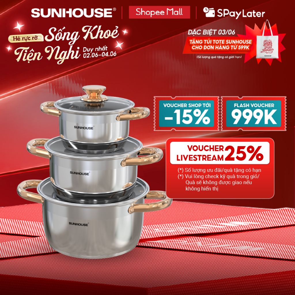 Bộ nồi inox 5 đáy Sunhouse SH781 - gồm 3 nồi với đường kính 16cm-20cm-24cm - Đáy từ dùng mọi loại bếp - 5 lớp đáy