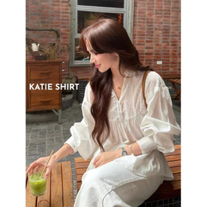 SEO STUDIO - Áo sơ mi tơ đũi trắng mix cổ ren - Katie Shirt
