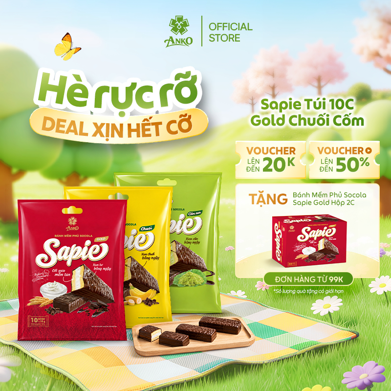 Bánh Mềm Phủ Socola Sapie Vị Gold Chuối Cốm – Túi 10 Cái – Bánh Ngọt Thơm Ngon Cho Gia Đình