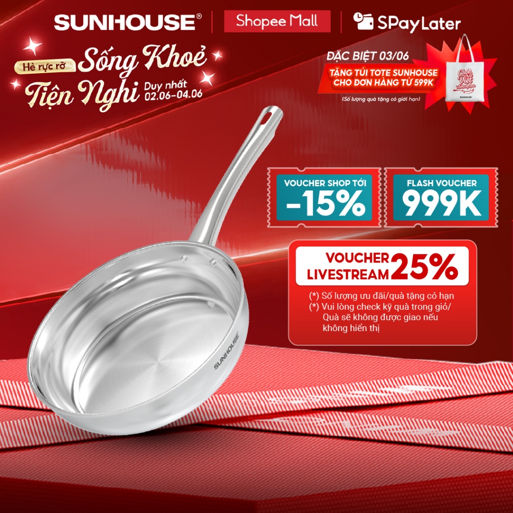 [Mã độc quyền online] Chảo inox 304 đa lớp Sunhouse IN20-24-26M7E - 3 lớp inox liền khối - Dùng mọi loại bếp
