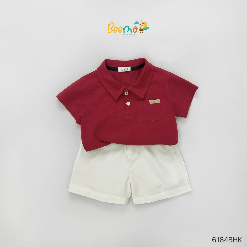 Bộ bé trai áo polo đỏ đô phối quần short trắng, set áo thun cổ đức cộc tay mềm mát phong cách Hàn Quốc