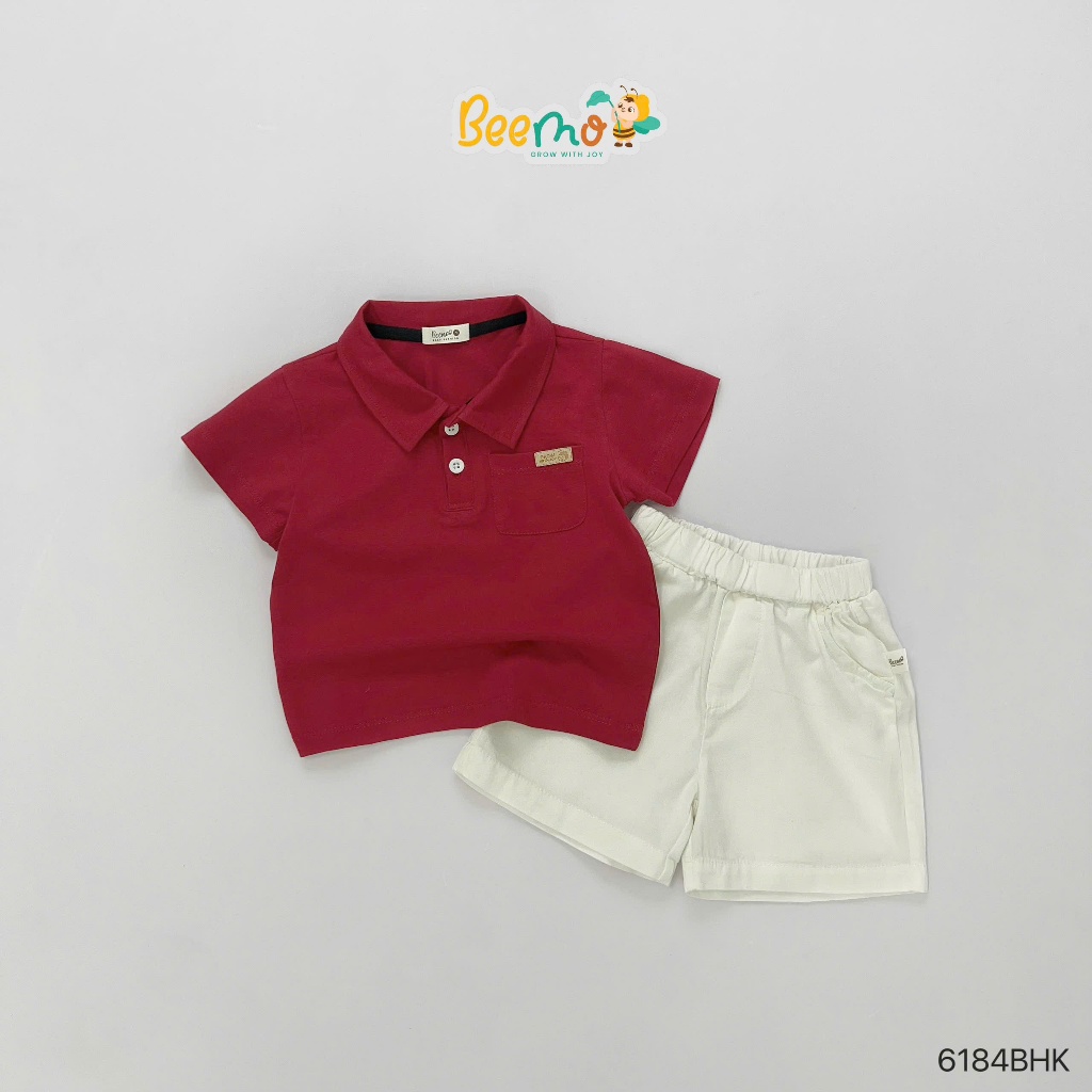 Bộ bé trai áo polo đỏ đô phối quần short trắng, set áo thun cổ đức cộc tay mềm mát phong cách Hàn Quốc