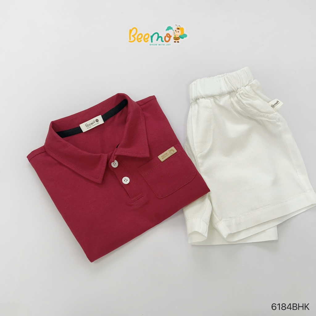 Bộ bé trai áo polo đỏ đô phối quần short trắng, set áo thun cổ đức cộc tay mềm mát phong cách Hàn Quốc