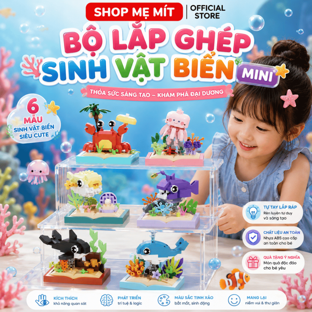 Bộ Lắp Ghép Đại Dương Mini Ocean Books, Mô Hình Sinh Vật Biển Để Bàn, Đồ Chơi Xếp Hình Mini