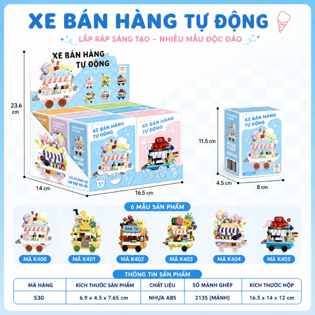 Bộ Lắp Ghép Xe Bán Hàng Mini DIY, Mô Hình Xe Đồ Ăn Vặt Để Bàn, Đồ Chơi Xếp Hình Mini 6 Mẫu