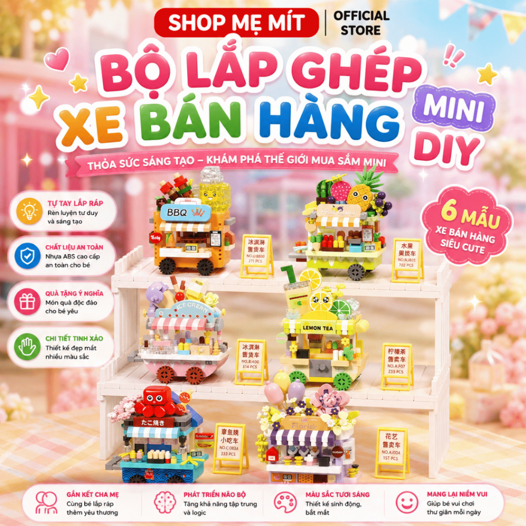 Bộ Lắp Ghép Xe Bán Hàng Mini DIY, Mô Hình Xe Đồ Ăn Vặt Để Bàn, Đồ Chơi Xếp Hình Mini 6 Mẫu