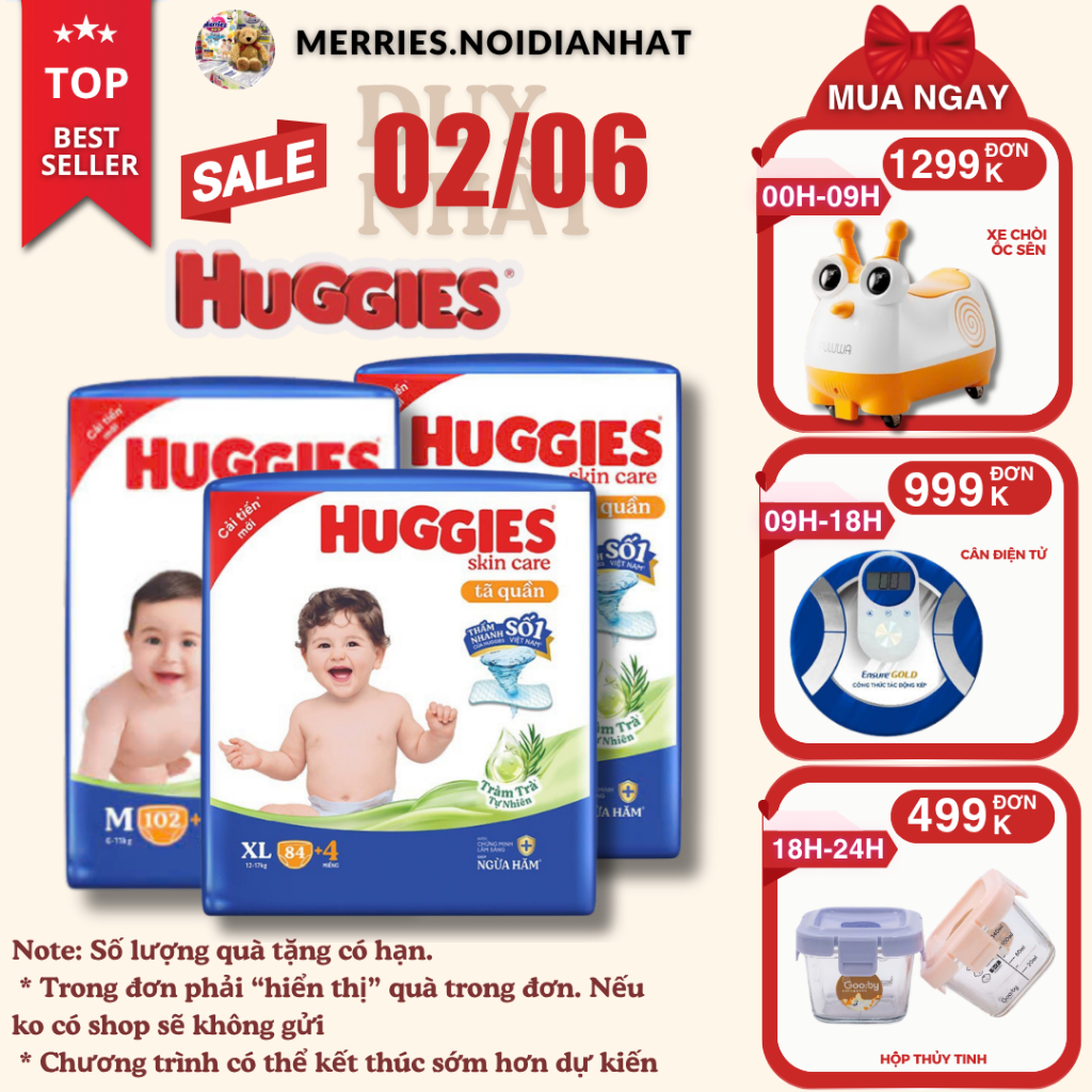 [SIÊU NHIỀU MIẾNG] Tã quần Huggies Tràm Trà Tự Nhiên SKINCARE Pants Mega Jumbo M106/L104/XL88/XXL80