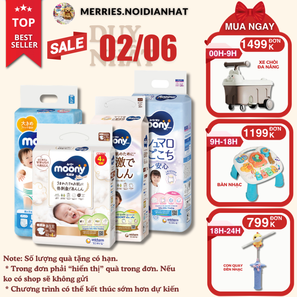 [SP có voucher live X]Tã Bỉm MOONY NATURAL dán/quần NB62/S58/M46/L38/L36/XL32