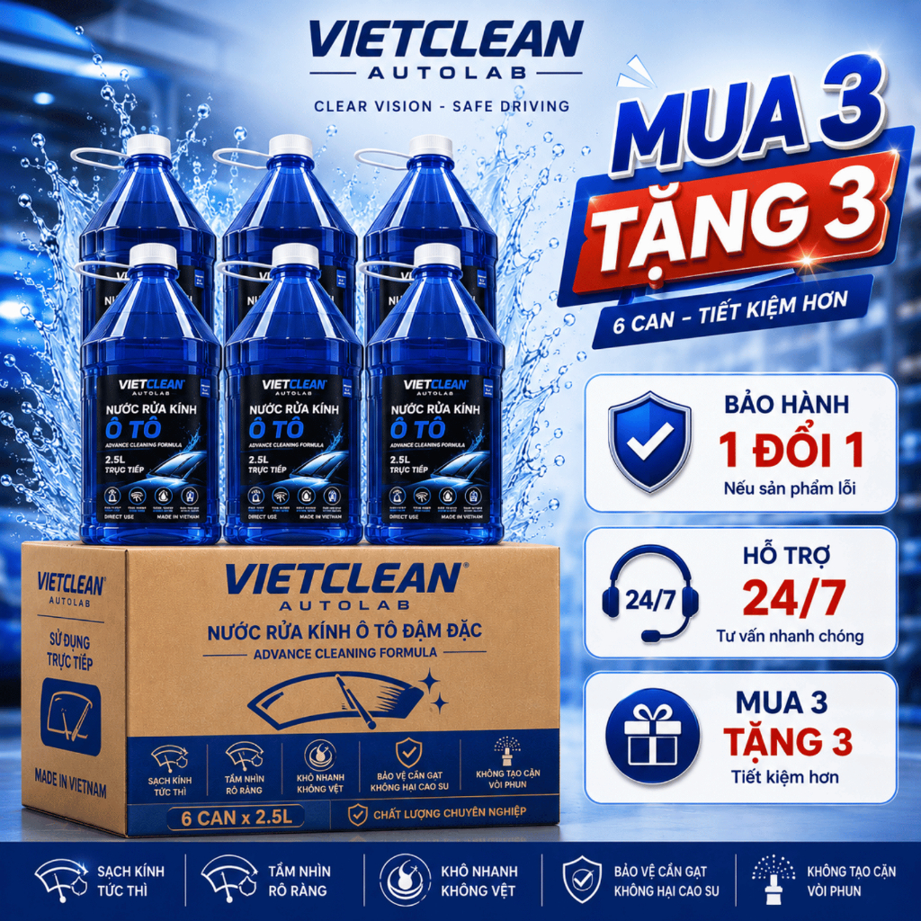 [Thùng 6 Can 2 Lít Rưỡi]  Nước Rửa Kính Ô Tô Không Cặn VietKlean Chính Hãng