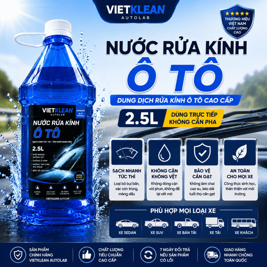 [Thùng 6 Can 2 Lít Rưỡi]  Nước Rửa Kính Ô Tô Không Cặn VietKlean Chính Hãng