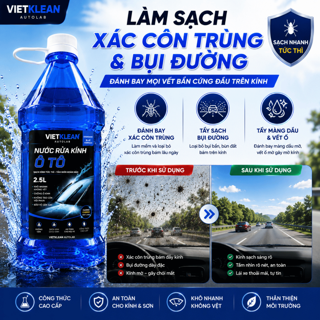 [Thùng 6 Can 2 Lít Rưỡi]  Nước Rửa Kính Ô Tô Không Cặn VietKlean Chính Hãng