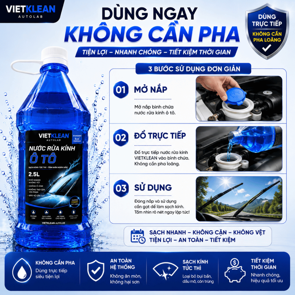 [Thùng 6 Can 2 Lít Rưỡi]  Nước Rửa Kính Ô Tô Không Cặn VietKlean Chính Hãng