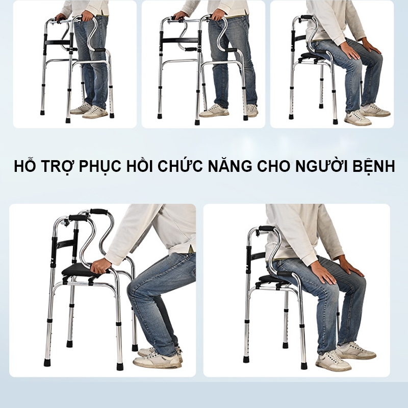 Khung Tập Đi Cho Người Già Có Ghế Ngồi Gấp Gọn - Điều Chỉnh Chiều Cao, Hỗ Trợ Phục Hồi Chức Năng Sau Tai Biến