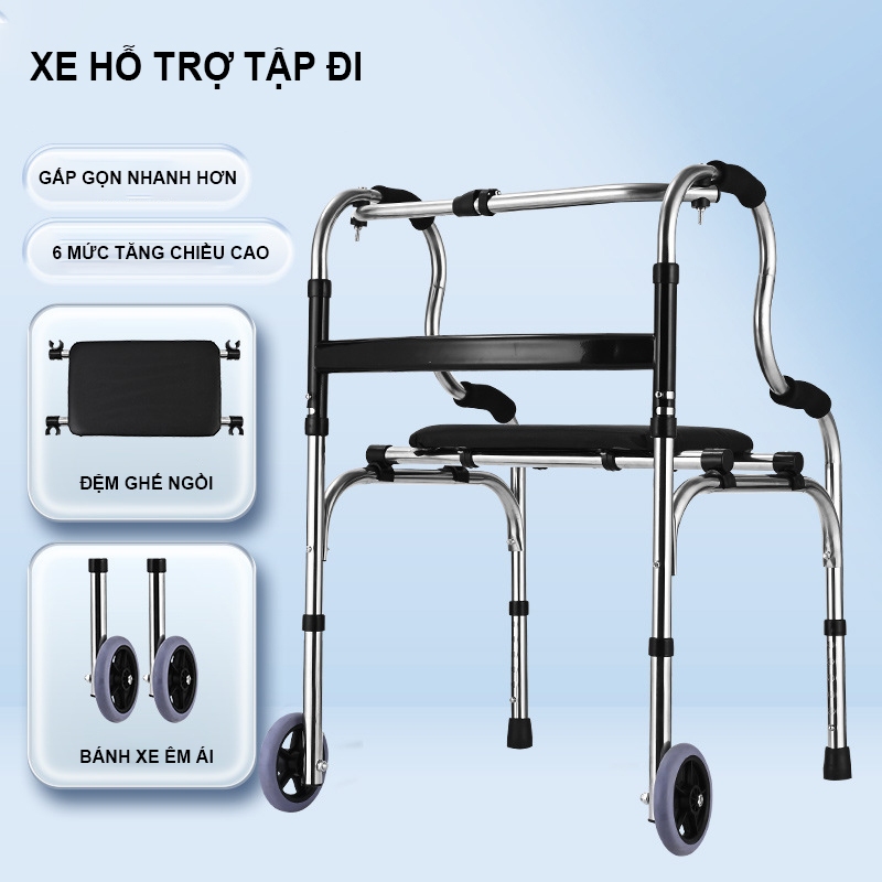 Khung Tập Đi Cho Người Già Có Ghế Ngồi Gấp Gọn - Điều Chỉnh Chiều Cao, Hỗ Trợ Phục Hồi Chức Năng Sau Tai Biến