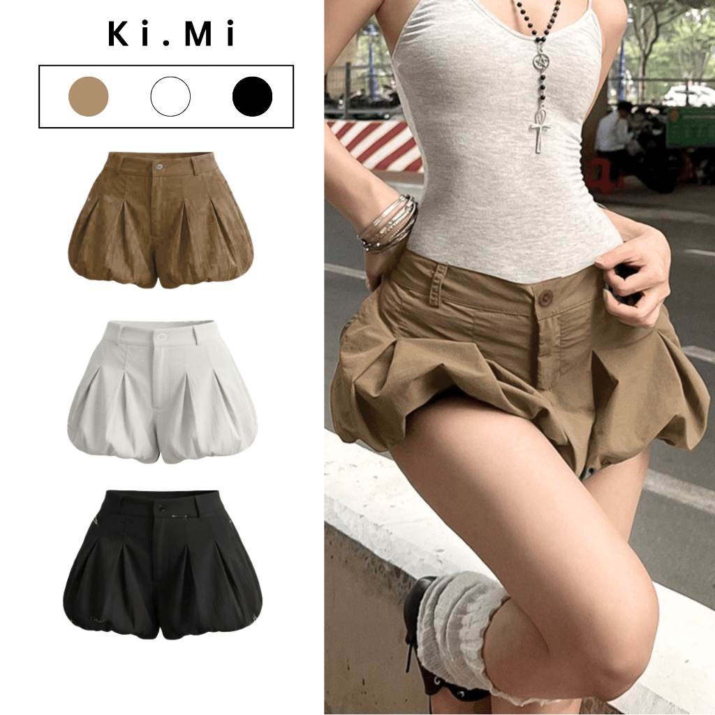 Quần Đùi Bí Phồng Cạp Trễ Chất Kaki Tôn Dáng, Quần Short Bí Nữ Vải Mềm Mại