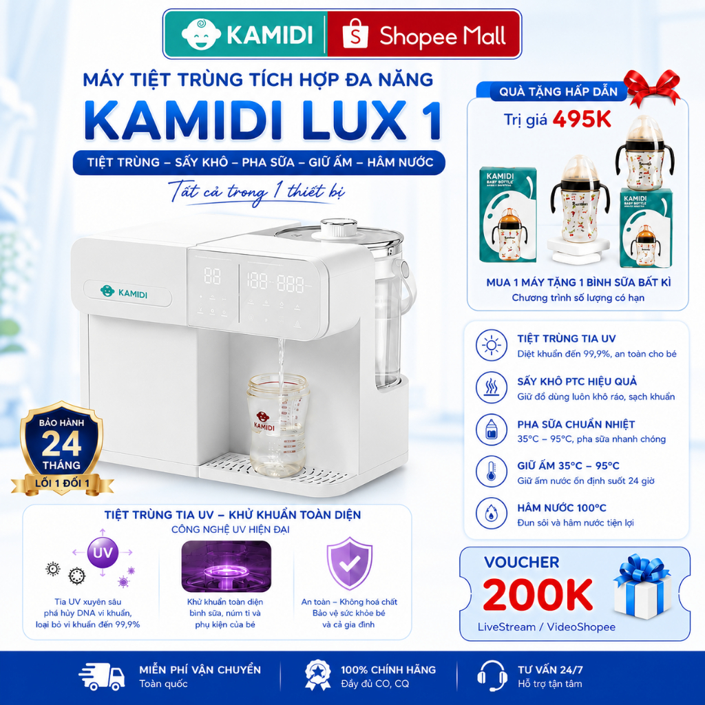 Máy Tiệt Trùng UV Kamidi Lux 1 Tiệt Trùng Bình Sữa Lấy Nước Tự Động Tích Hợp Đun Nước Pha Sữa Cho Bé