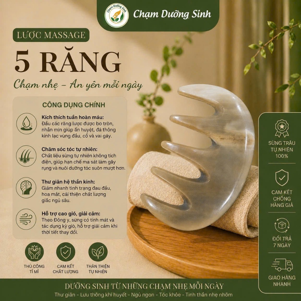 LƯỢC SỪNG 5 RĂNG MASSAGE DA ĐẦU,DƯỠNG SINH ĐÔNG Y,THƯ GIÃN CỔ VAI GÁY