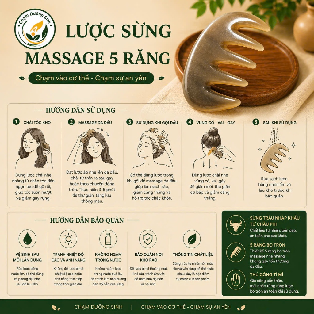 LƯỢC SỪNG 5 RĂNG MASSAGE DA ĐẦU,DƯỠNG SINH ĐÔNG Y,THƯ GIÃN CỔ VAI GÁY