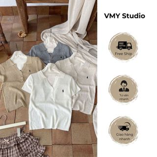 VMY Studio - Áo polo tăm montoghi thêu ngựa cổ tim tay ngắn trẻ trung, áo thun thêu ngựa cổ V cá tính nữ